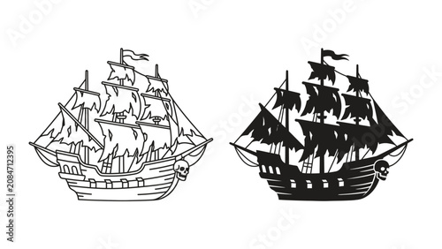 фотографія Pirate Ship Duo: A striking pair of pirate ships, one depicted in a detailed bla