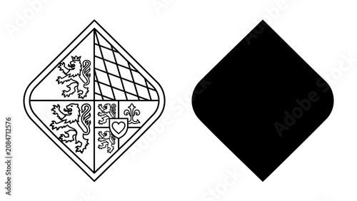Принти на полотні Heraldic Shield and Black Diamond: A detailed heraldic shield featuring lions and a shield emblem, placed next to a solid black diamond shape, representing nobility and contrast