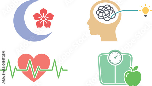 Cuadro en lienzo Health Icon Vector Illustration Featuring Sleep Moon, Mental Head, Heart ECG, We
