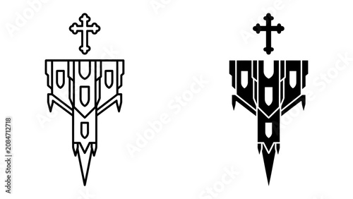 Quadro su tela Heraldic Cross Banner: A stylized heraldic banner featuring a cross, presented in both outline and solid black graphic design, suitable for emblems or religious iconography