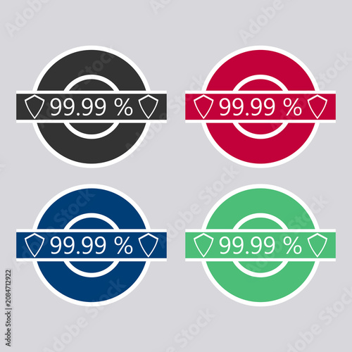 Multi colored minimalist antibacterial label icon set with circle badges and 99.99 percent shield emblem.
