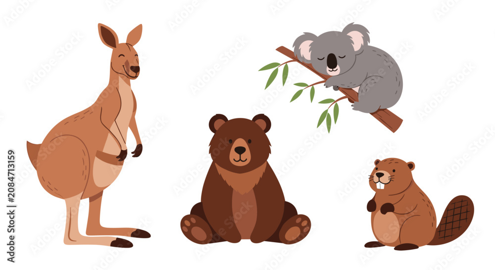 Fototapeta premium Collection of cute flat vector animals including a kangaroo, brown bear, sleeping koala, and a beaver on white background.