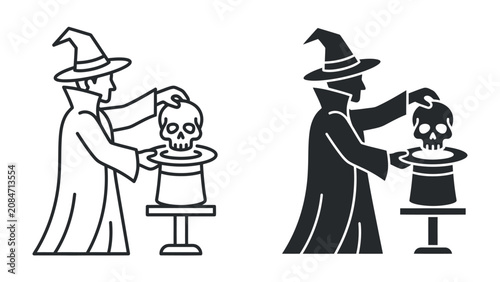 Foto Mysterious Magician Revealing Skull: A wizard in a pointed hat and cloak conjures a skull from a top hat, symbolizing mystery, illusion, and the supernatural
