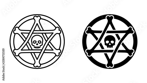 Tableau sur toile Occult Symbolism: A stark and mysterious occult symbol, featuring a skull and crossbones within a hexagram and circle, presented in both black and white and black outline versions