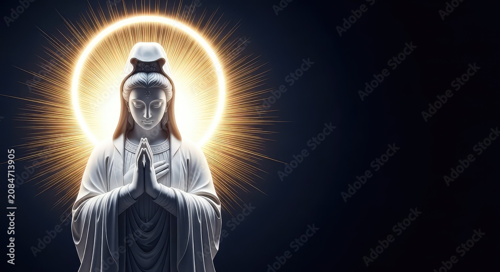 Fototapeta premium A sacred sculpture in a prayerful pose, surrounded by radiant golden beams and ethereal glowing light symbolizing holiness and grace, humble, devotion, aura