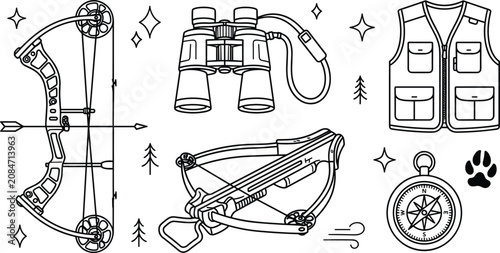 Foto Hunting vector line art set with compound bow arrow crossbow binoculars vest com
