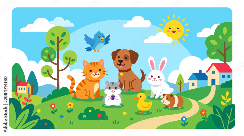 Fototapeta premium Friendly animal companions enjoying a joyful day in a colorful nature village scene