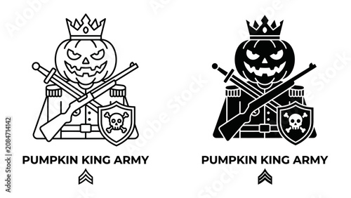 Konstfotografi Halloween Pumpkin King Army Emblem: A stylized emblem featuring a kingly pumpkin character, complete with a crown and fearsome jack-o'-lantern face, dressed in military attire