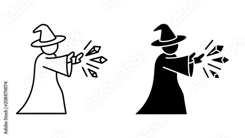Foto Wizard Casting Spell: A stylized illustration depicting a wizard in a pointed hat and robe, conjuring magical energy and sparkling crystals with outstretched hands
