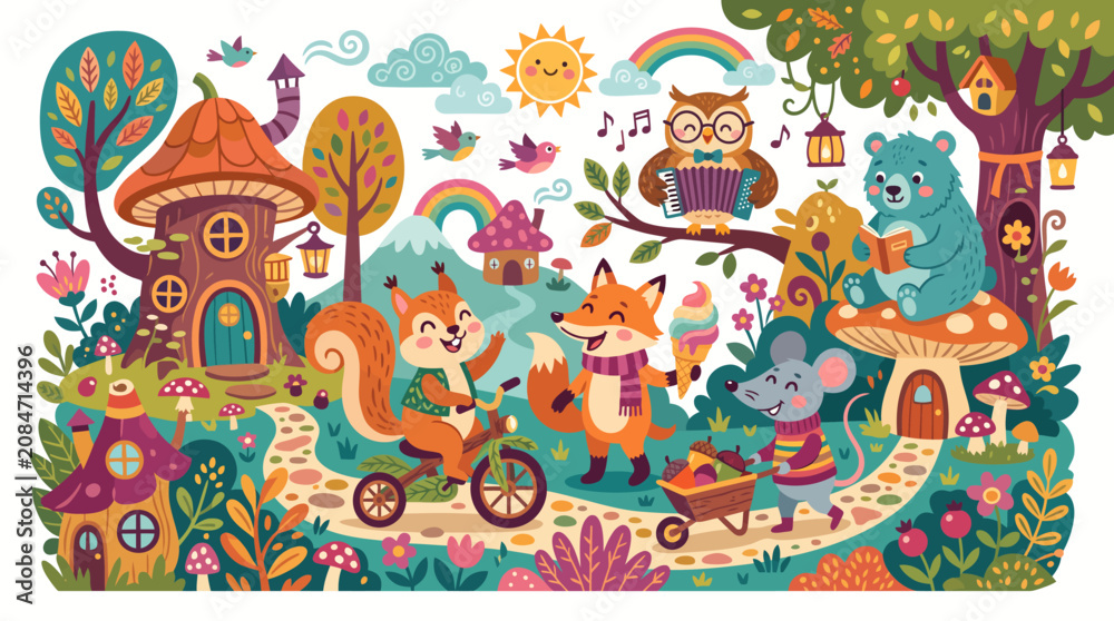 Naklejka premium Colorful Magical Forest Landscape with Happy Animals and Mushroom Houses