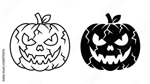 Cuadro en lienzo Halloween Jack-o'-lantern Icons: A pair of carved pumpkin icons, one outlined and the other filled black, depict spooky Halloween jack-o'-lantern faces with cracked skin and menacing grins