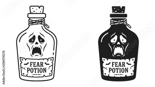 Fényképezés Potion of Fear: Two stylized bottles, one in black and white outline and the other in silhouette, both labeled FEAR POTION and depicting a skull-like face with a horrified expression