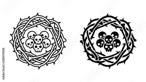 Obraz na plátně Skull Wreath Graphic: A graphic design featuring two wreaths made of thorny branches, with a cluster of skulls at the center of each