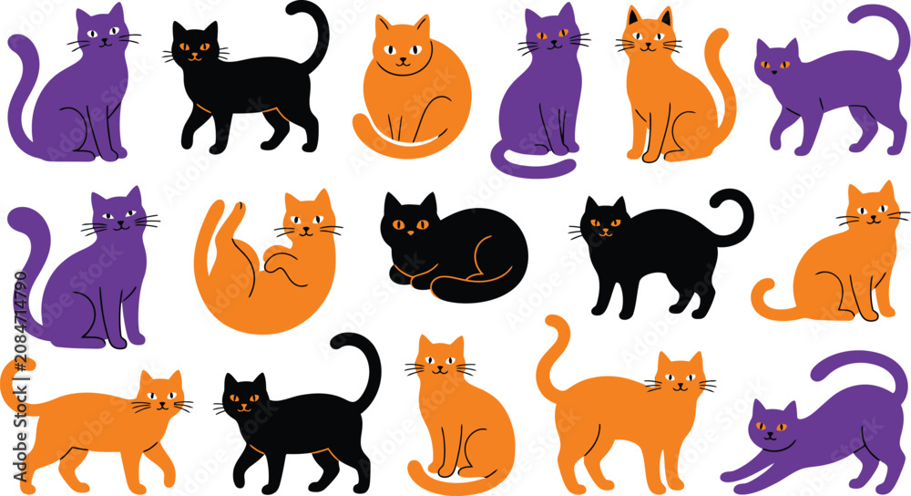 Obraz premium Halloween cat collection orange purple and black feline graphics