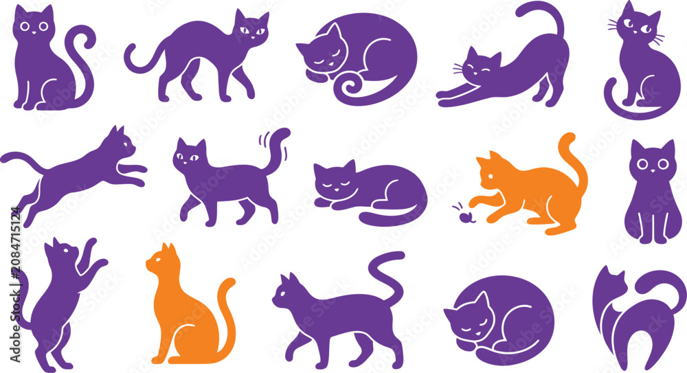 Fototapeta premium Collection of stylized cat silhouettes in purple and orange hues