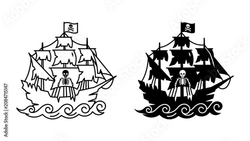 Photos Pirate Ship Silhouette: A stylized silhouette of a pirate ship with a skull and crossbones flag, sailing on wavy seas, available in both outline and solid black versions