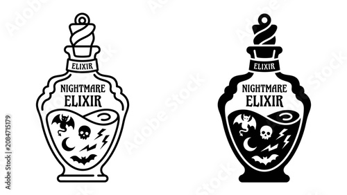 Schilderij op canvas Spooky Elixir Bottle Icon: A stylized illustration of a glass bottle containing a mysterious Nightmare Elixir, adorned with spooky Halloween symbols like bats, skulls, and crescent moons