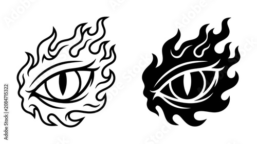 Schilderij op canvas Flaming Eye Icon: A stylized representation of an eye engulfed in flames, depicted in both a line art and silhouette design, conveying intensity and fierce focus