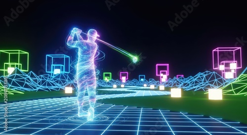 Luminous translucent figure executes a perfect golf swing amidst glowing neon wireframe grids and minimalist digital geometric structures, translucent, phantom, violet
