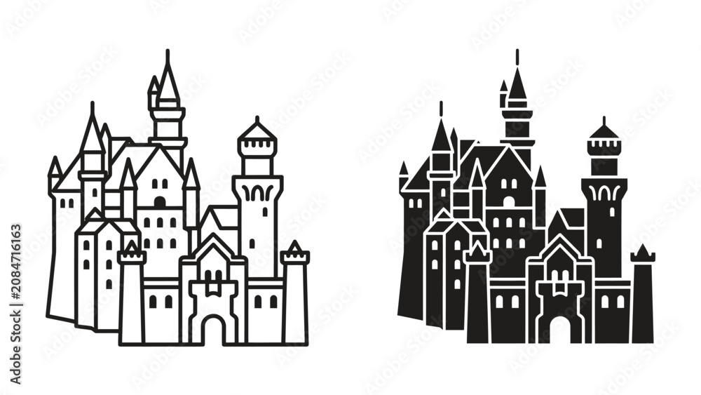 Fototapeta premium Castle Silhouette: Two elegant castle outlines, one in black and white line art and the other a solid black silhouette, stand as symbols of history and grandeur.