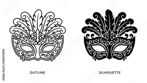 Quadro su tela Masquerade Mask Design: Two intricately designed masquerade masks, one in outline and the other in silhouette, showcase elaborate feather details and decorative patterns