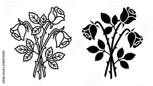 Bilde på lerret Wilted Roses Bouquet: A delicate bouquet of wilting roses, presented in both outline and silhouette styles, conveying a sense of faded beauty and past glory