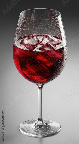 A clear glass filled with rich red wine and floating translucent ice cubes, showcasing condensation droplets and a dark liquid texture, melting, chilled, studio