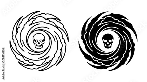 Quadro su tela Hurricane Symbol with Skull: Two stylized representations of a hurricane, one in black and white outline and the other as a black silhouette, both featuring a skull at their center