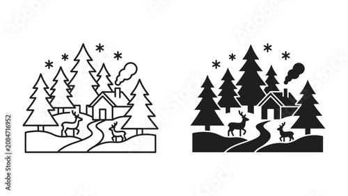 Quadro su tela Winter Forest Village: A charming village nestled within a snow-covered forest, featuring evergreen trees, quaint houses with smoking chimneys