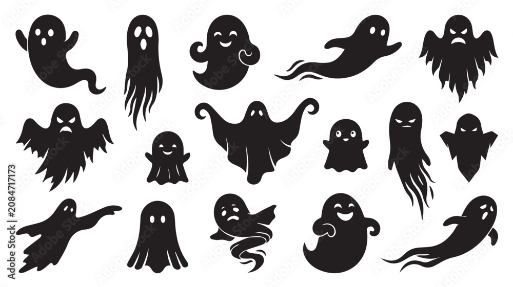 Obraz premium Set of black ghost silhouettes for halloween decoration and party design Vector