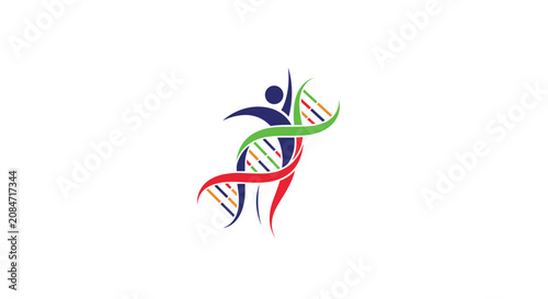 Creative logo design showcasing a stylized human figure integrated within a colorful double helix DNA strand on white background.