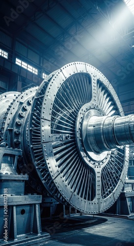 A massive industrial turbine sits in a dark, atmospheric factory hall with dramatic cinematic lighting highlighting its complex steel surface, factory, lighting, steel