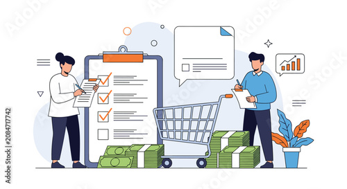 Business supply chain and inventory management concept with professionals auditing orders and financial expenses.