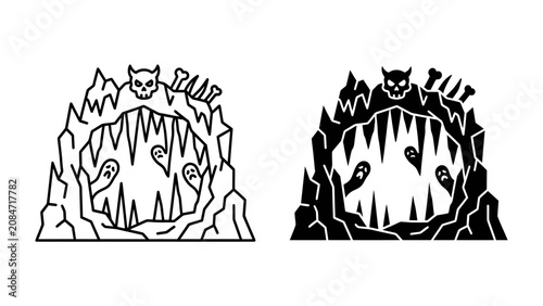Konstfotografi Spooky Cave Entrance: A menacing cave entrance with jagged rocks, sharp stalactites, spooky ghosts, and a skull with horns creates an eerie and terrifying atmosphere