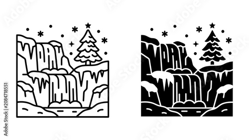 Obraz na plátne Winter Waterfall Landscape: A stylized illustration depicts a serene winter waterfall scene, complete with snow-covered rocks, a lone evergreen tree, and a starry night sky