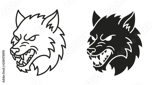 Tableau sur toile Wolf Head Icon Set: A set of two stylized wolf heads, one outlined in black and white and the other a solid black silhouette, both displaying fierce expressions with bared teeth