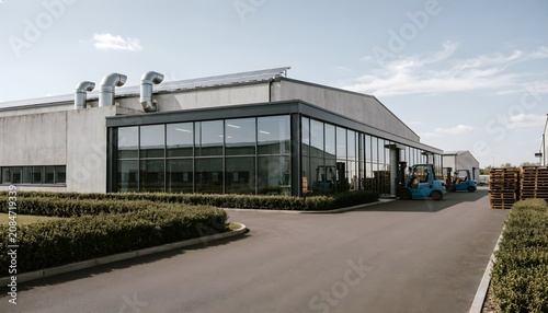 Modern Industrial Warehouse and Office Building Exterior with Glass Facade and Logistics Access