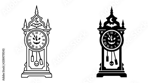Bild auf Leinwand Halloween Grandfather Clock Icon: A spooky, ornate grandfather clock with a jack-o'-lantern face and bat adornment, presented in both outline and silhouette for the Halloween season