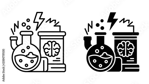Obraz na plátně Science Experiment Icons: A set of stylized icons depicting a scientific experiment, featuring a flask with bubbling liquid, a power source generating electricity