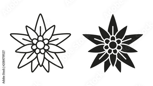 Bild auf Leinwand Edelweiss Flower Icons: Two stylized representations of the edelweiss flower, one outlined and the other a solid silhouette, showcase the iconic alpine bloom