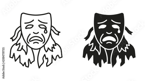 Photos Tragedy and Comedy Masks: Two iconic theater masks, one outlined and the other silhouetted, represent the duality of human emotion, sadness and despair