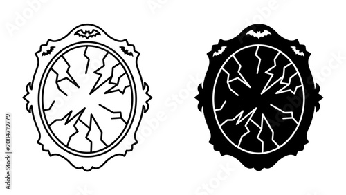 Foto Cracked Mirror with Bat Detail: Two stylized mirrors, one outlined and one silhouetted, feature a cracked surface and decorative bats adorning the frame, evoking a gothic or Halloween theme