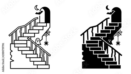 Obraz na plátně Spooky Staircase: A mysterious staircase adorned with Halloween motifs, including a ghost, bat, crescent moon, and spiderwebs, beckons towards an arched doorway