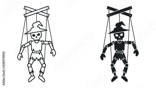 Photography Skeleton Puppet Icon: A graphic representation of a skeleton puppet, styled as a scarecrow, complete with a witch's hat and tattered clothing, presented in both outline and solid fill formats