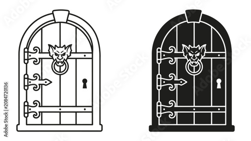 Schilderij op canvas Mysterious Arched Doorway: A stylized illustration of an ancient, arched wooden door, featuring a fierce lion head knocker and ornate iron hinges, presented in both line art and silhouette