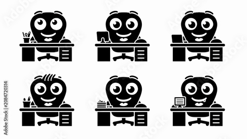 Happy Cartoon Office Characters Working at Desks