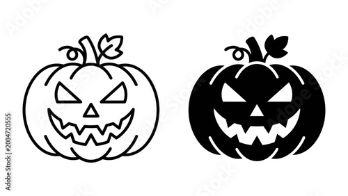 Fotografie Jack-o'-lantern Outline and Silhouette: Two stylized pumpkin faces, one as an outline and the other as a solid silhouette, featuring carved spooky eyes and a grinning mouth