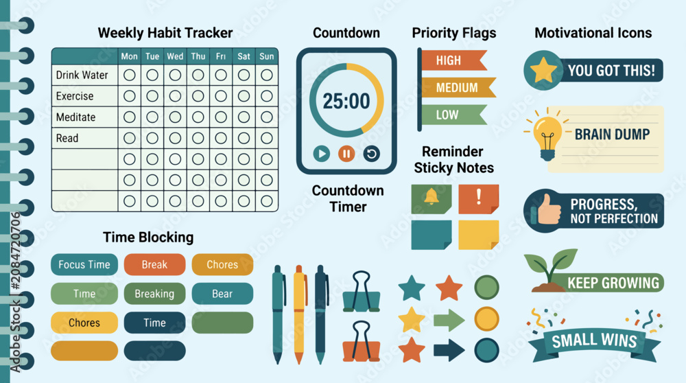 Naklejka premium Colorful planner stickers and icons.