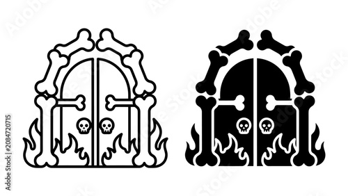 Schilderij op canvas Haunted Doorway of Bones: A skeletal archway, fashioned from bone, frames a double door adorned with a skull emblem, with flames licking at its base, presenting a chilling and ominous portal
