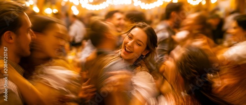 Warm lights glow above joyful dancing crowd. 64k 8k widescreen, HDR,